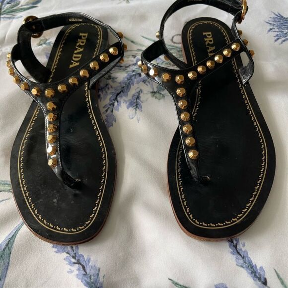 Prada black patent leather/gold stud sandals - Picture 2 of 11